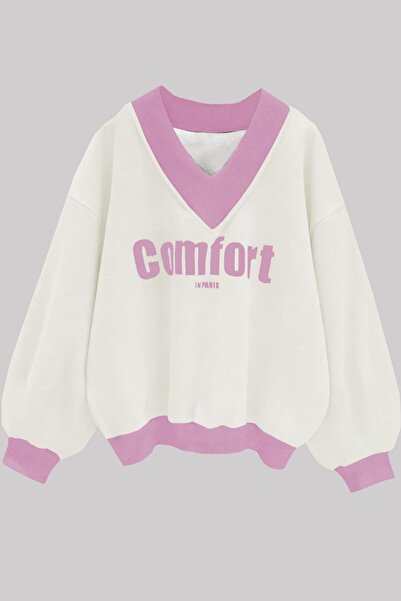 Trendseninle Kadın 3 Iplik Beyaz Comfort In Paris Baskılı V Yaka Oversize Sweatshirt