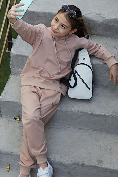 Cansın Mini Girl Beige Basic Hooded Suit 17146