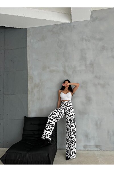 Zeo Basic Pantaloni largi de bază ZEO - alb negru cu model de vacă