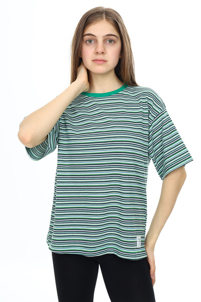 Cansın Mini Tricou cu mânecă scurtă pentru fetiță, cu dungi verzi, cu gâtul rotund, 18382