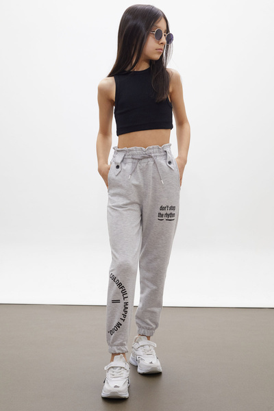 Cansın Mini Γκρι πολύχρωμο εμπριμέ ελαστικό κοριτσίστικο παντελόνι μέσης 17728