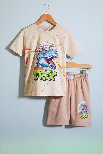 Cansın Mini Κρεμ T-rex τυπωμένο γράμμα για αγόρι σορτς 18709