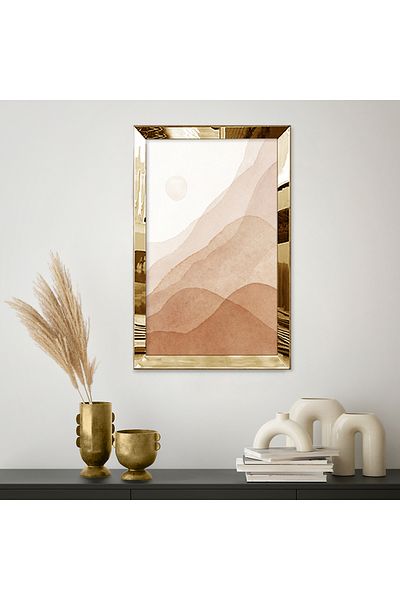 Zevahir Mobilya Dekorasyon Masă unică din MDF cu design abstract de culoare bej cu cadru din plexiglas oglindă aurie