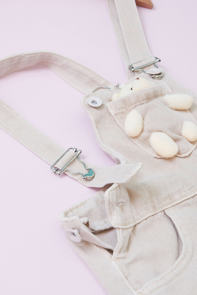 Cansın Mini Girl's Beige Salopet Jumpsuit with Teddy Bear and Chest Pocket 18755