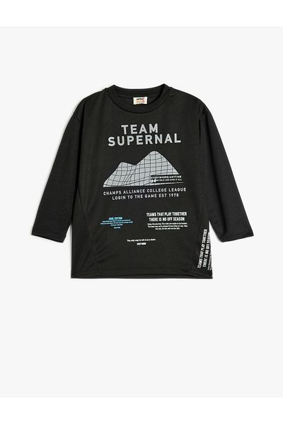 Koton Long Sleeve Oversize T-Shirt - Slogan Print Detail, Crew Neck