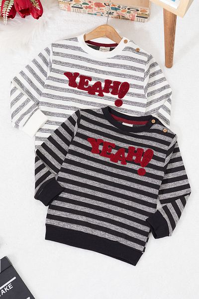 Cansın Mini Baby Boy Text Embroidered Striped 2-Piece Sweatshirt Black-Grey