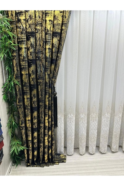 NİVEMESHOME Nivemeshome Sky 08 Φόντο - 1/3 Κοντά πλισέ μαύρη-χρυσή κουρτίνα APM