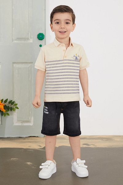 Cansın Mini Boy's Set - Cream Striped Polo Collar, T-Shirt Jean Shorts, 18747