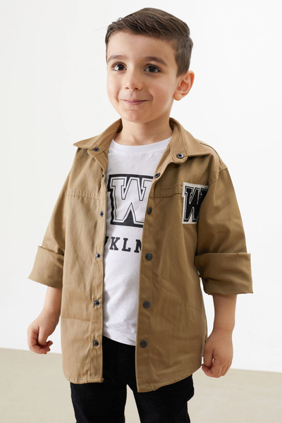 Cansın Mini Cream Embroidered Jean Shirt T-Shirt Boy's 2-Piece Set 18237