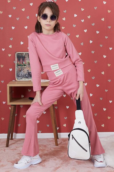 Cansın Mini Pink Ribbed Flare Leg Girl Crop Suit 17258