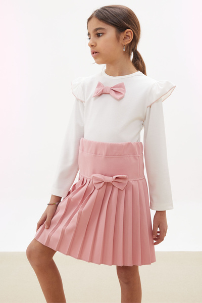 Cansın Mini Dried Rose Pleated Skirt Long Sleeve Badi Girl's Dress Set 17744