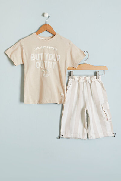 Cansın Mini طقم شورت للأولاد مطبوع عليه تي شيرت كريمي 18458