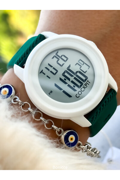Cockpit Marka Yeşil Renk Silikon Kordon Yuvarlak Kasa Dijital Spor Erkek Kadı...