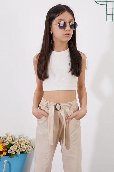 Cansın Mini Pantaloni pentru fete, cu centură crem, cu talie elastică, picior spaniol 18713