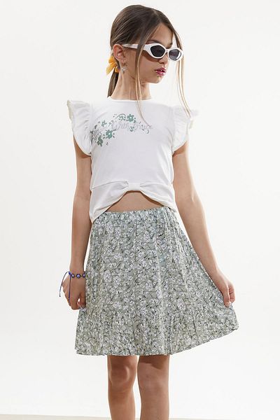 Cansın Mini Khaki Floral Patterned Skirted Printed T-Shirt Girl's Suit 18502