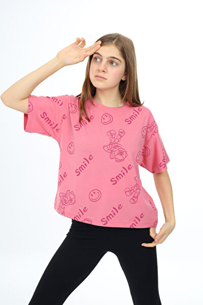 Cansın Mini تي شيرت بناتي برقبة دائرية وطبعة ابتسامة وردية 17766