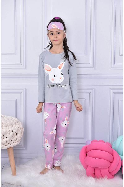 Cansın Mini Gray Rabbit Polka Dot Girl's Pajama Set 17028