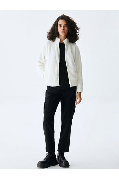 Ltb Cardigan crem cu fermoar cu guler solid