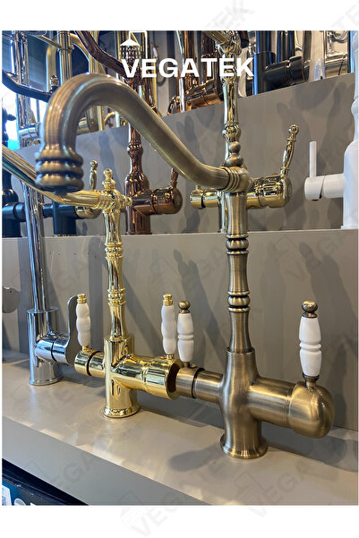 Vegatek RUSTİK ARITMALI MUTFAK EVİYE BATARYASI ANTİK/MAT ALTIN RENK (PİRİNÇ G...