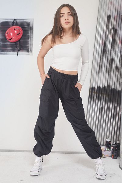 Cansın Mini Black Elastic Leg Cargo Pocket Girl's Parachute Trousers 17562