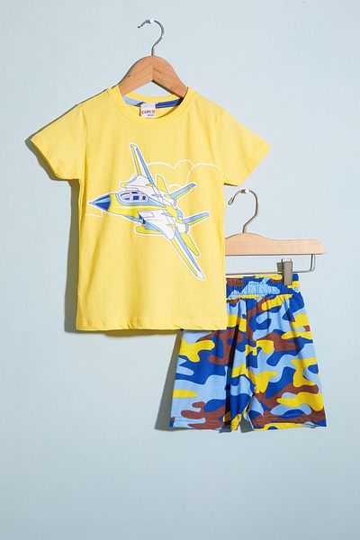 Cansın Mini Yellow Airplane Printed T-shirt Set with Boys' Shorts 18657