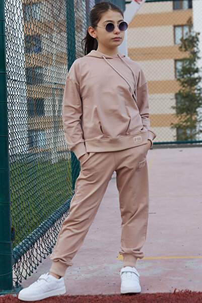 Cansın Mini Girl Beige Basic Hooded Suit 17146