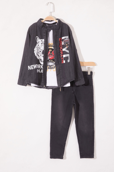 Cansın Mini Siyah Kaplan Baskılı Fermuarlı Jean Gömlekli Erkek Çocuk Takım 18981