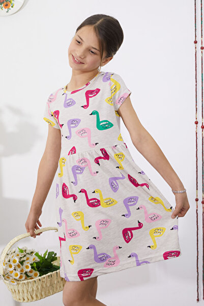 Cansın Mini Καλοκαιρινό φόρεμα για κορίτσια Cream Swan Printed - Κοντό μανίκι