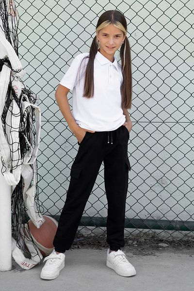 Cansın Mini Girl's Black School Sweatpants - Elastic Waist, Cargo Pocket 19193