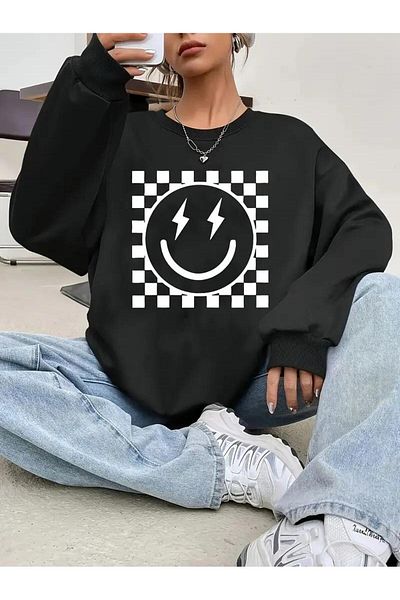 Touz Moda Φούτερ με μοτίβο σκακιέρας Smile με στάμπα μαύρο Unisex Oversize με λαιμόκοψη