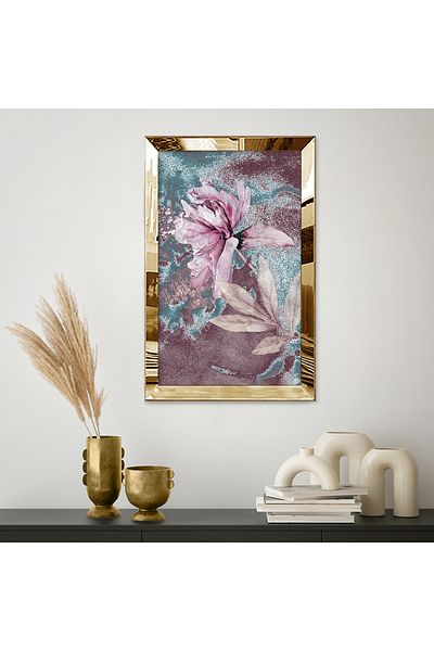 Zevahir Mobilya Dekorasyon Masă unică din MDF cu flori abstracte roz cu cadru din plexiglas oglindă aurie
