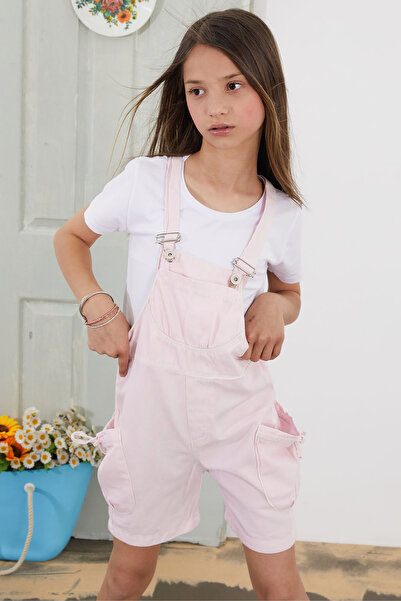 Cansın Mini Girl's Shorts Salopet Jumpsuit - Pink, Chest Pocket 18778