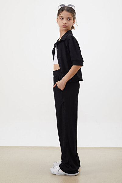 Cansın Mini Girl's Black Cropped Shirt with Trousers, Top and Bottom Set 18411