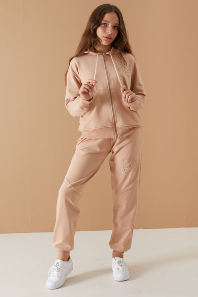 Cansın Mini Σετ αθλητικής φόρμας για κορίτσια σε μπεζ κουκούλα και ζακέτα με στάμπα - 19222