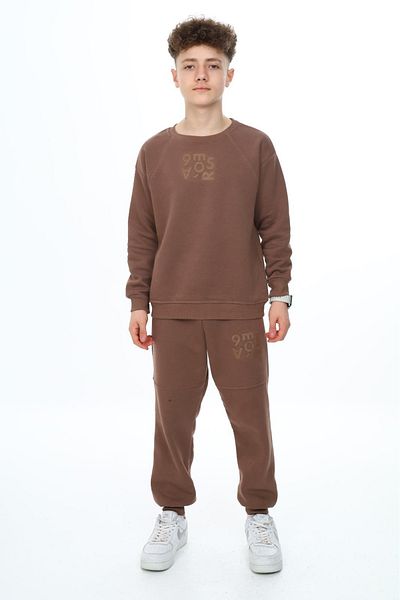Cansın Mini Σετ αθλητικής φόρμας για αγόρι - Crew Neck, Coffee Text Printed, Raster 19349