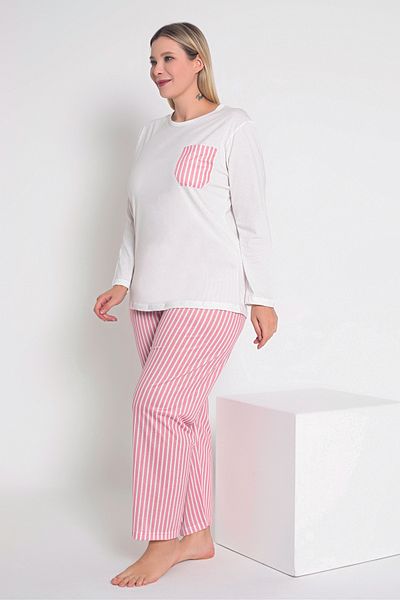 MyBen Ecru Striped Women's Pajama Set - Long Sleeve B-44