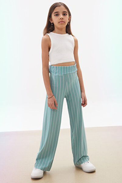 Cansın Mini Green Line Patterned Belted Wide Leg Girl's Trousers 18098