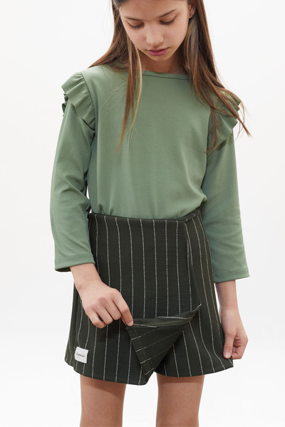 Cansın Mini Khaki Striped Girls' Suit with Skirts and Flounces 18269