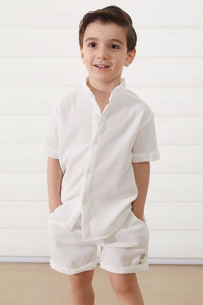 Cansın Mini Boy's Basic Set - White High Collar Shirt and Shorts 18894