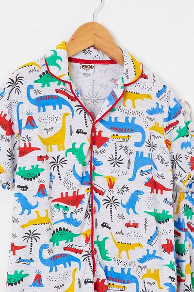 Cansın Mini Boy's Gray Dinosaur Printed Short Sleeve Pajama Set - 18691