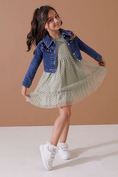 Cansın Mini Girl's Green Tulle Crop Dress and Jacket Set - 19105