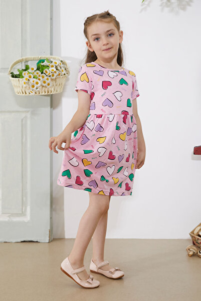 Cansın Mini Φόρεμα για κορίτσι - Ροζ στάμπα καρδιάς, κοντό μανίκι - 18779