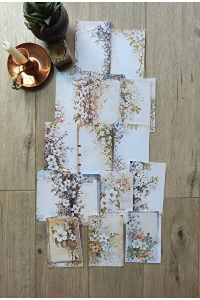 Mona Craftist 15 Adet Vintage Eskitme Kenar Çiçek Temalı Scrapbook Kağıt Seti...