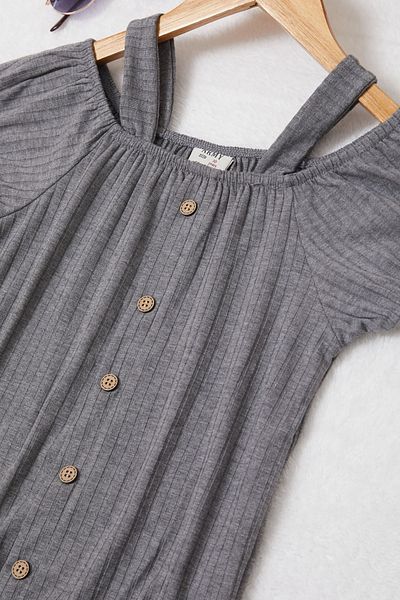 Cansın Mini Gray Shoulder Strap Button Detailed Girl's T-shirt 17606
