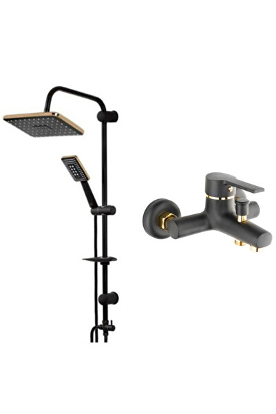 FAUMIX Siyah Gold Tepe Duş Seti Ve Siyah Gold Banyo Batarya Seti
