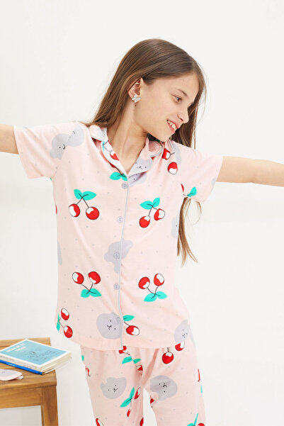 Cansın Mini Cherry Patterned Short Sleeve Girl's Eye Patch Pajamas Set 18654