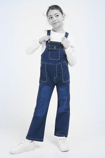 Cansın Mini Salopetă de jeans pentru fetiță, albastru închis, cu buzunare la piept 17609