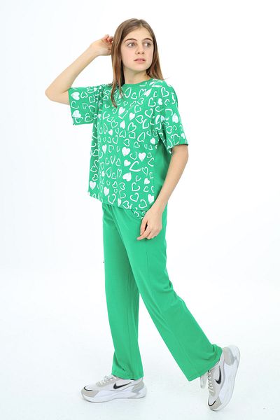 Cansın Mini Green Heart Printed Girl's Suit 17877