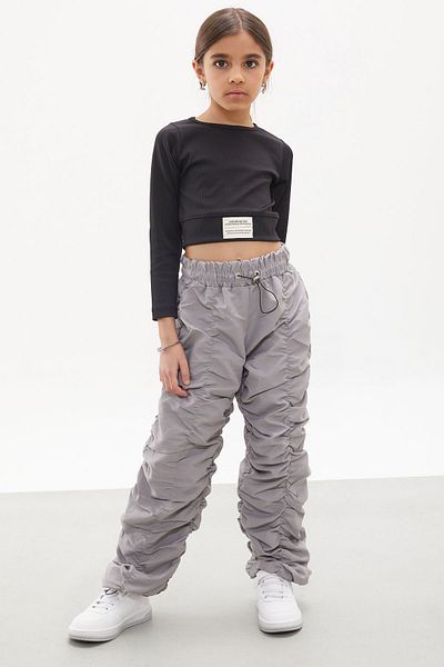 Cansın Mini Gray Stripe Stitched Girl's Parachute Trousers 18003
