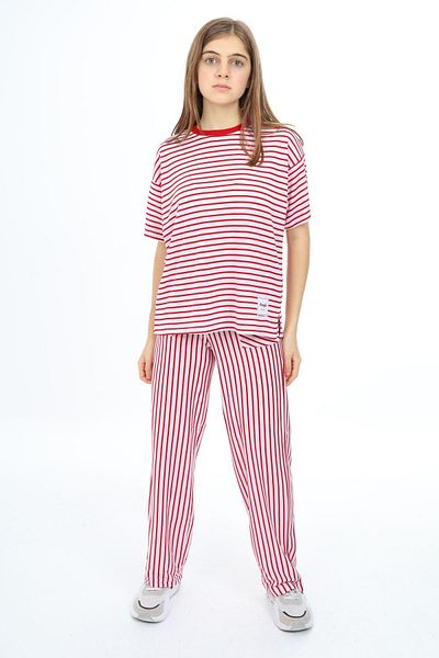 Cansın Mini Red Short Sleeve Striped Girl's Suit 17981